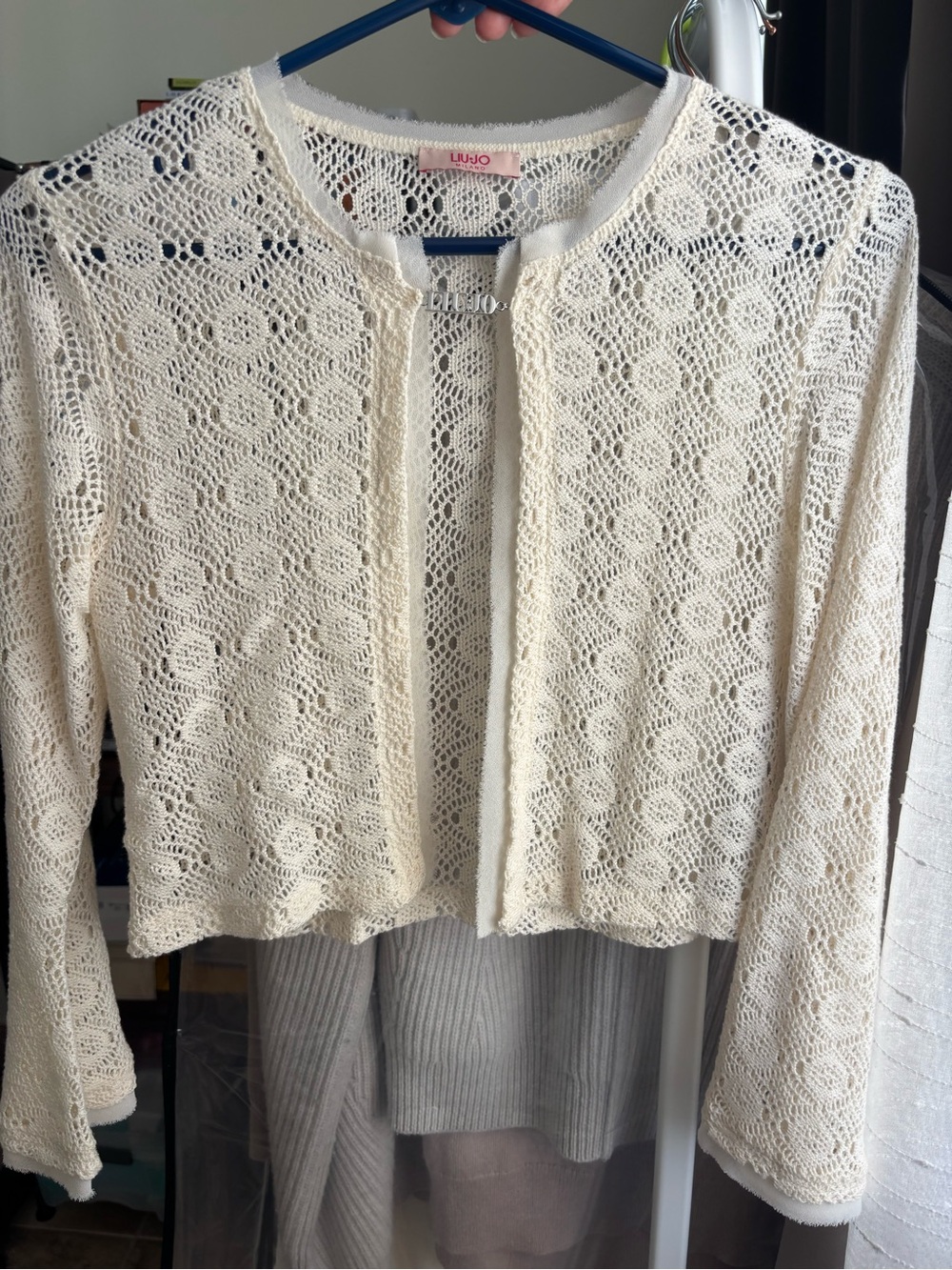 LIU JO Milano Cream Crochet Open-Front Cardigan